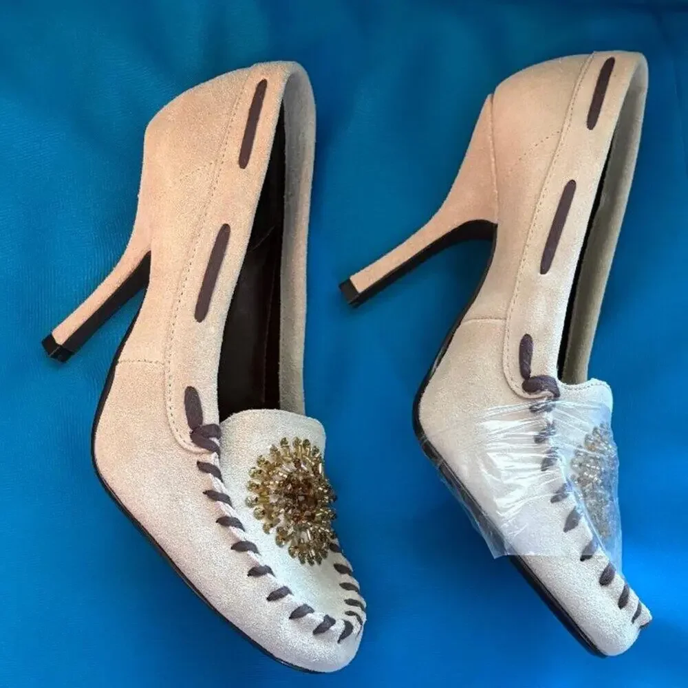 Chinese Laundry Cammie Moc Toe Heels Beaded Suede Women’s   8M 8.5M